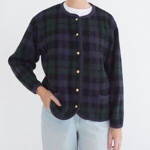 Vintage Crystal Kobe Navy Green Plaid Gold Button Knit Cardigan Sweater M
